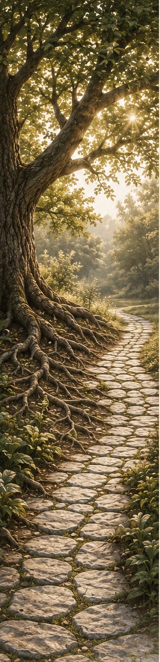 A sunlit forest path winding beneath a tree with exposed roots