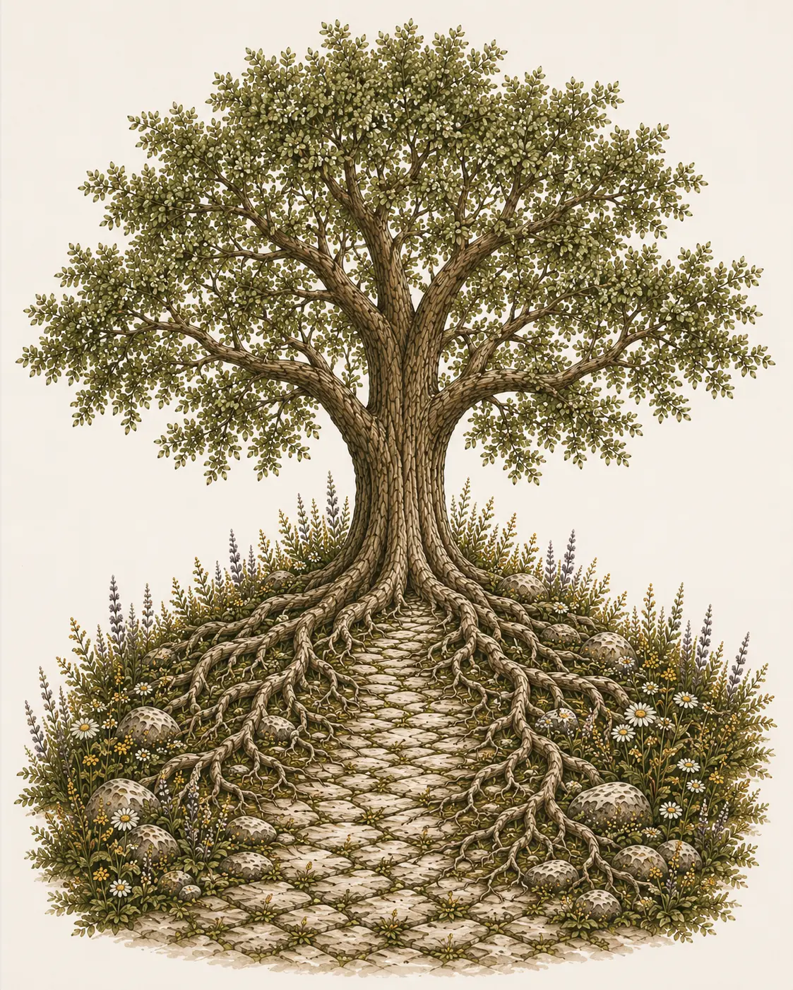 Illustration of a rooted tree with a stone path, representing the five-stage RootED Path framework from roots to canopy.