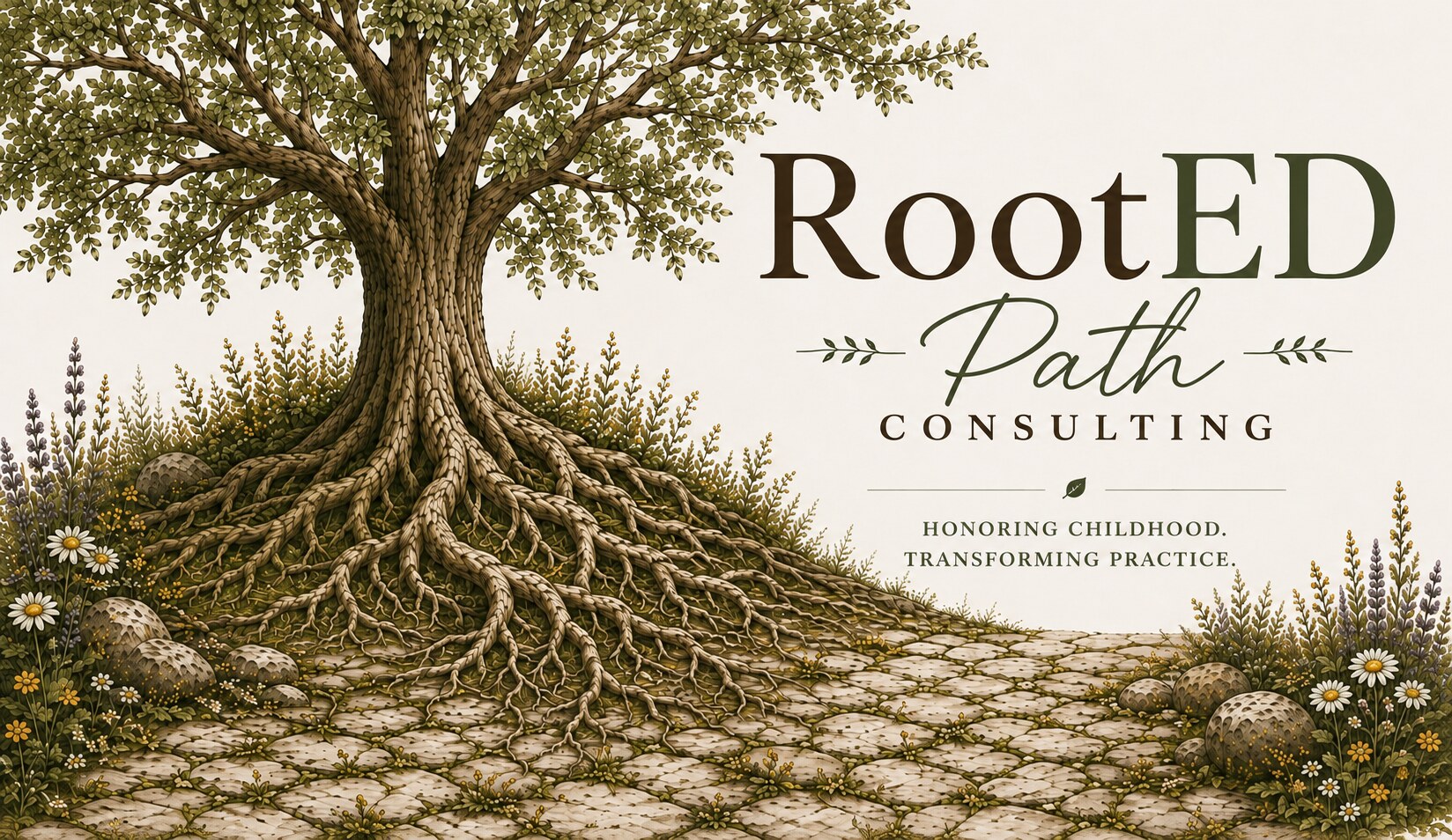 RootED Path Consulting: an illustrated broad-canopied tree with deep roots spreading over a wildflower-edged stone path, beside the RootED Path Consulting wordmark and the words Honoring Childhood. Transforming Practice.