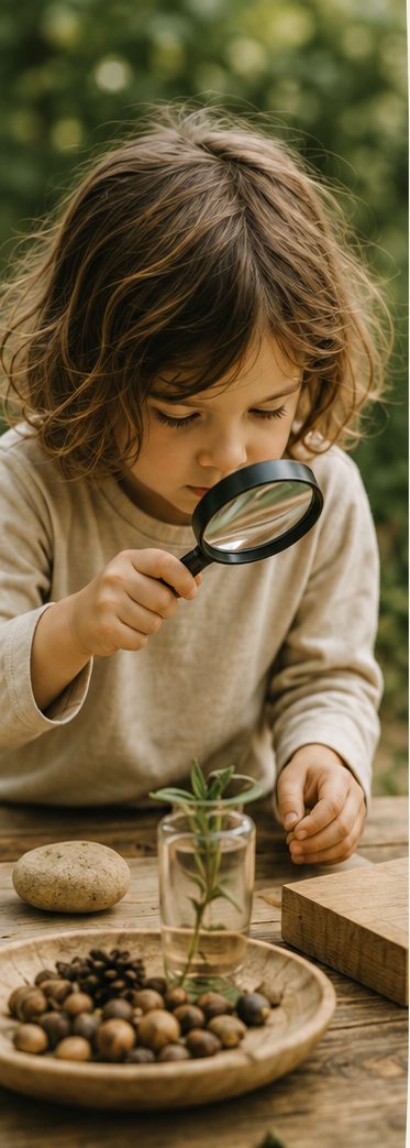 A child examining natural materials with a magnifying glass