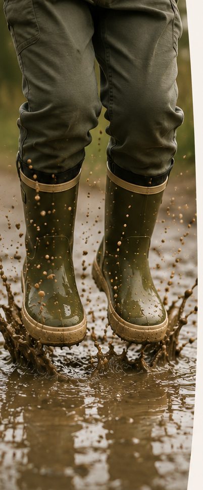 Muddy rain boots jumping in a puddle