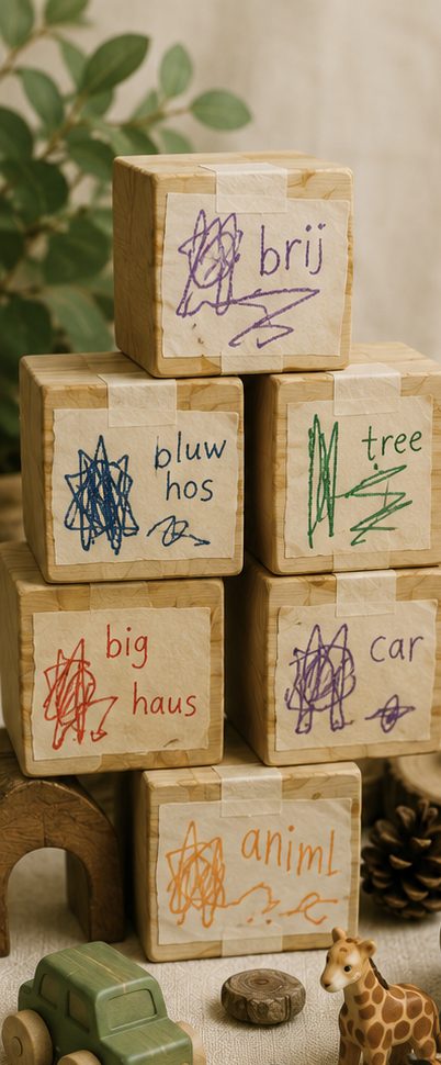 Wooden blocks with hand-drawn labels stacked for open-ended play