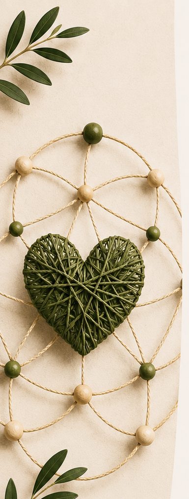 A handwoven heart connected by beaded threads