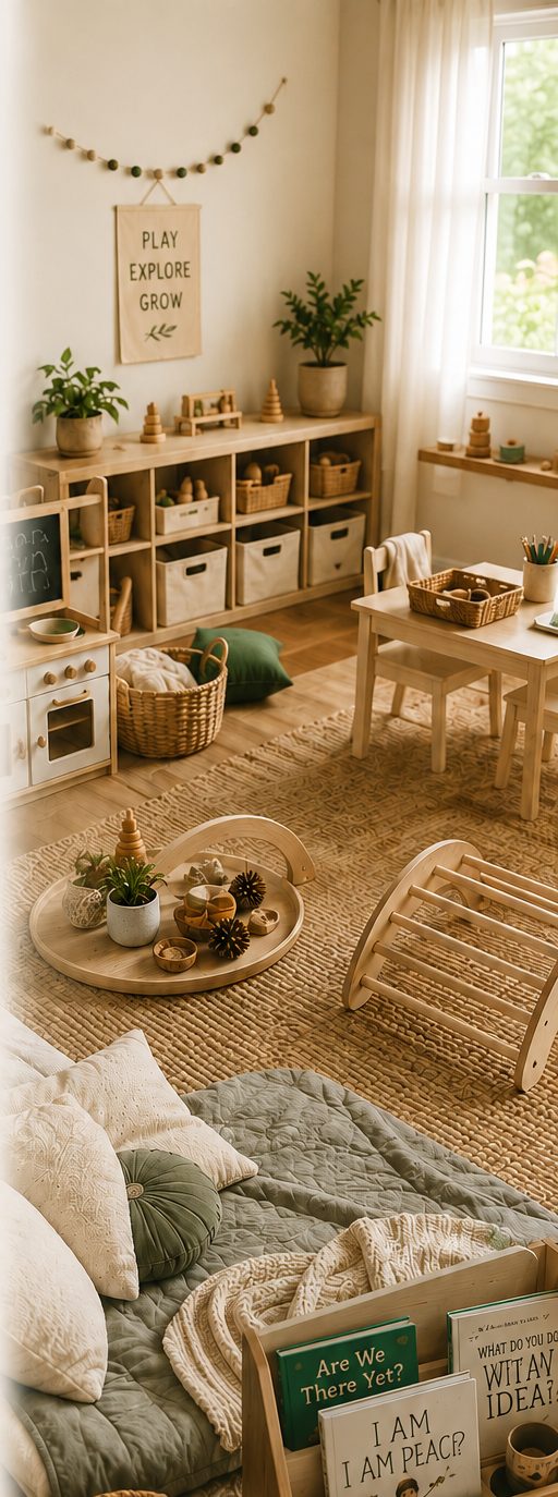 A cozy, intentionally designed home playroom with natural materials
