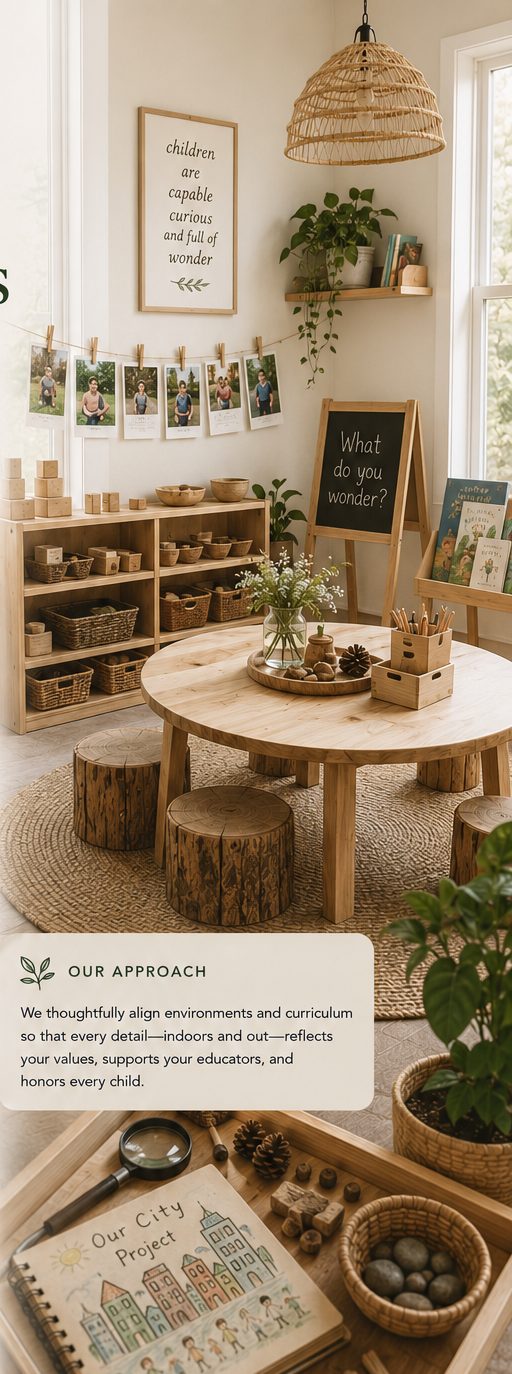 A Reggio-inspired classroom with natural wood furniture and open-ended materials