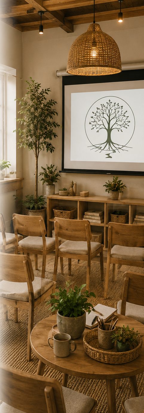 A warm, natural-toned workshop and meeting space