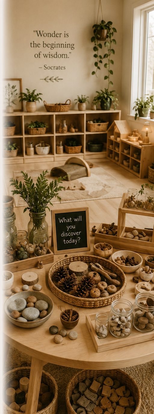 Natural loose parts and open-ended materials arranged for wonder-based learning