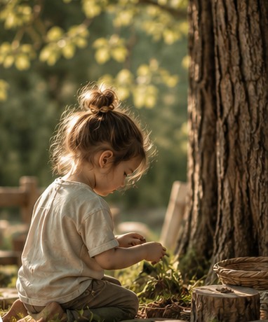 A child kneeling in nature beneath a tree, closely examining natural materials