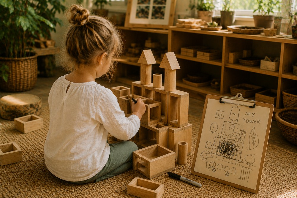 A child building a tower with wooden blocks indoors