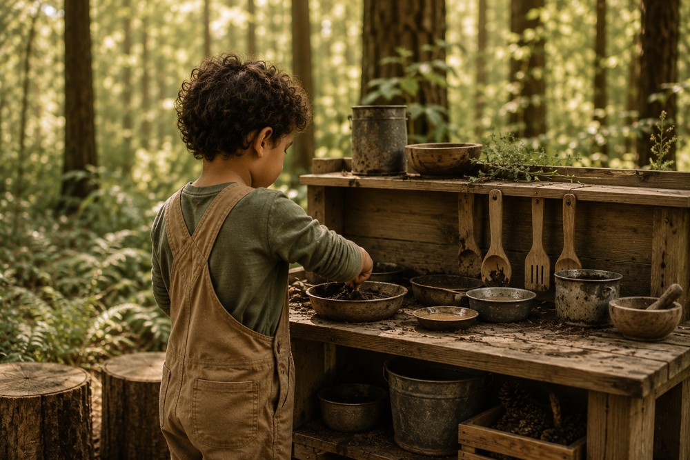 A child exploring a mud kitchen in a forest setting